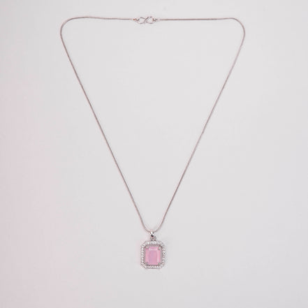 Rhodium Plated Octagon Stone Pendant with chain-Mint Pink