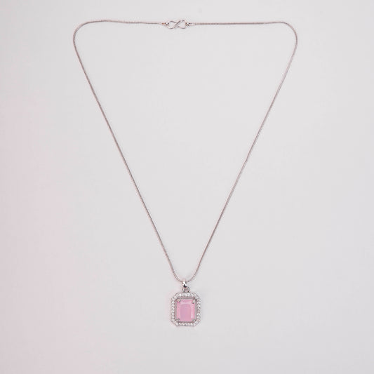 Rhodium Plated Octagon Stone Pendant with chain-Mint Pink