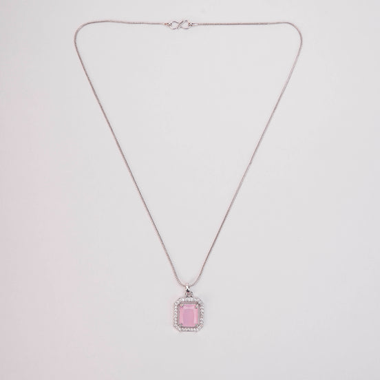 Rhodium Plated Octagon Stone Pendant with chain-Mint Pink