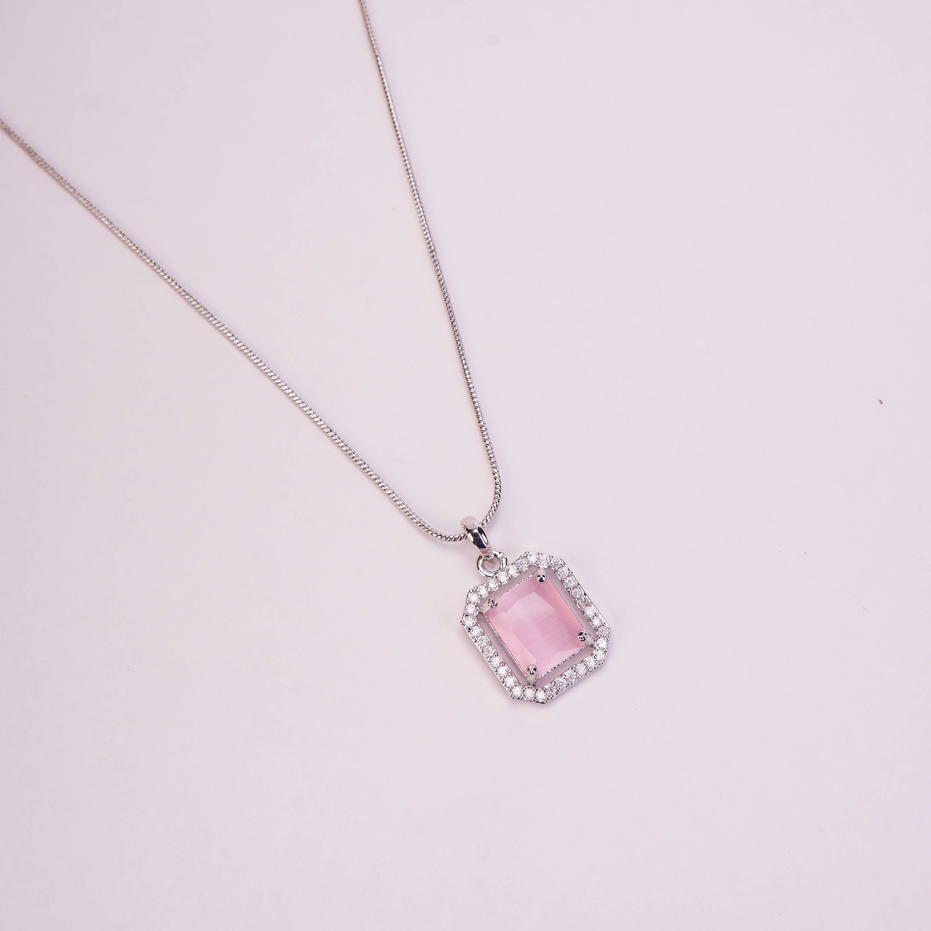 Rhodium Plated Octagon Stone Pendant with chain-Mint Pink
