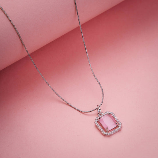 Rhodium Plated Octagon Stone Pendant with chain-Mint Pink
