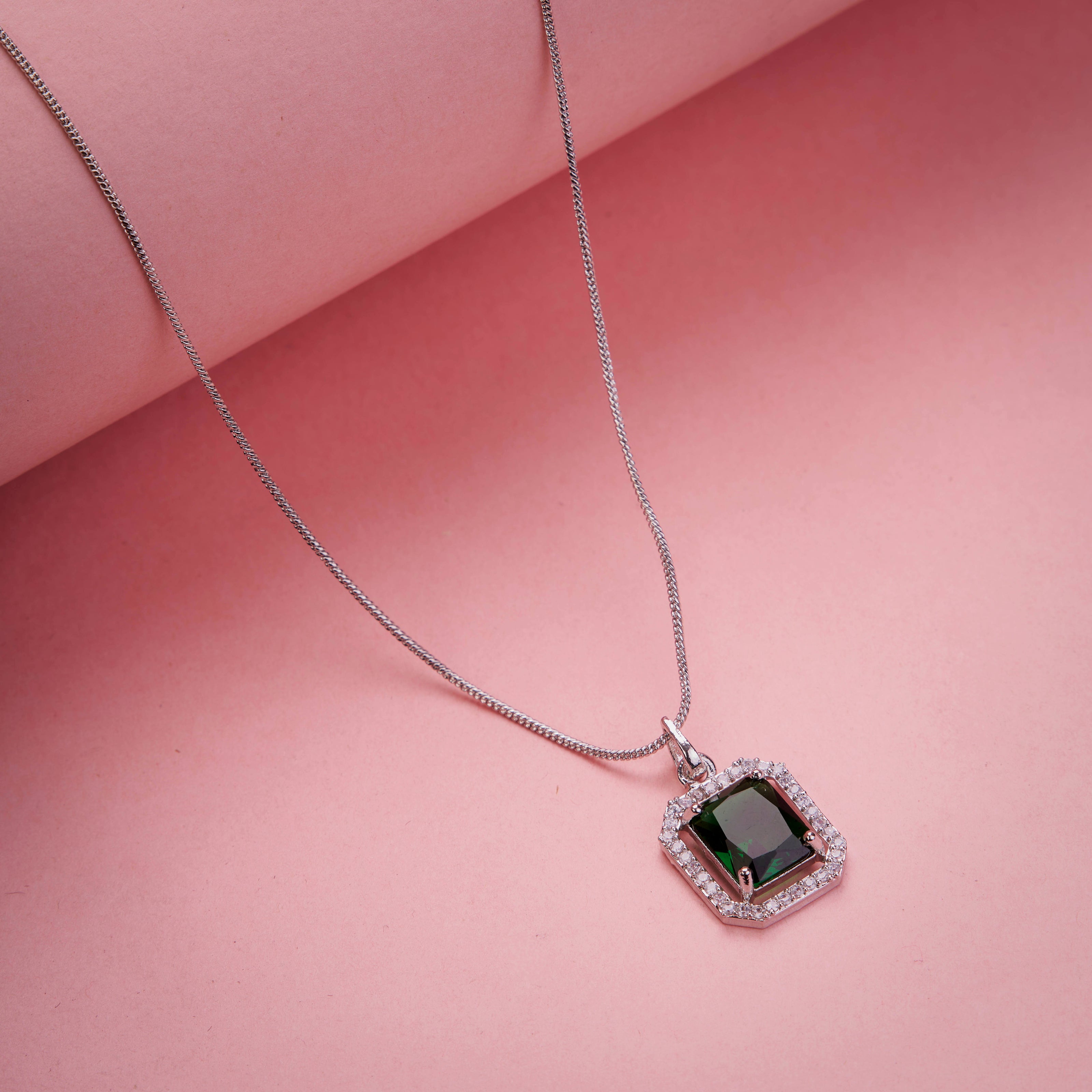 Rhodium Plated Octagon Stone Pendant with chain-Crystal Green