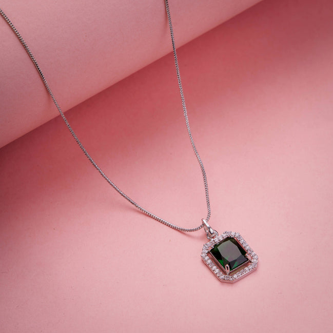 Rhodium Plated Octagon Stone Pendant with chain-Crystal Green