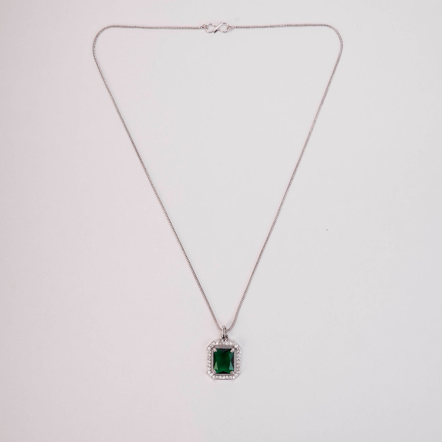Rhodium Plated Octagon Stone Pendant with chain-Crystal Green