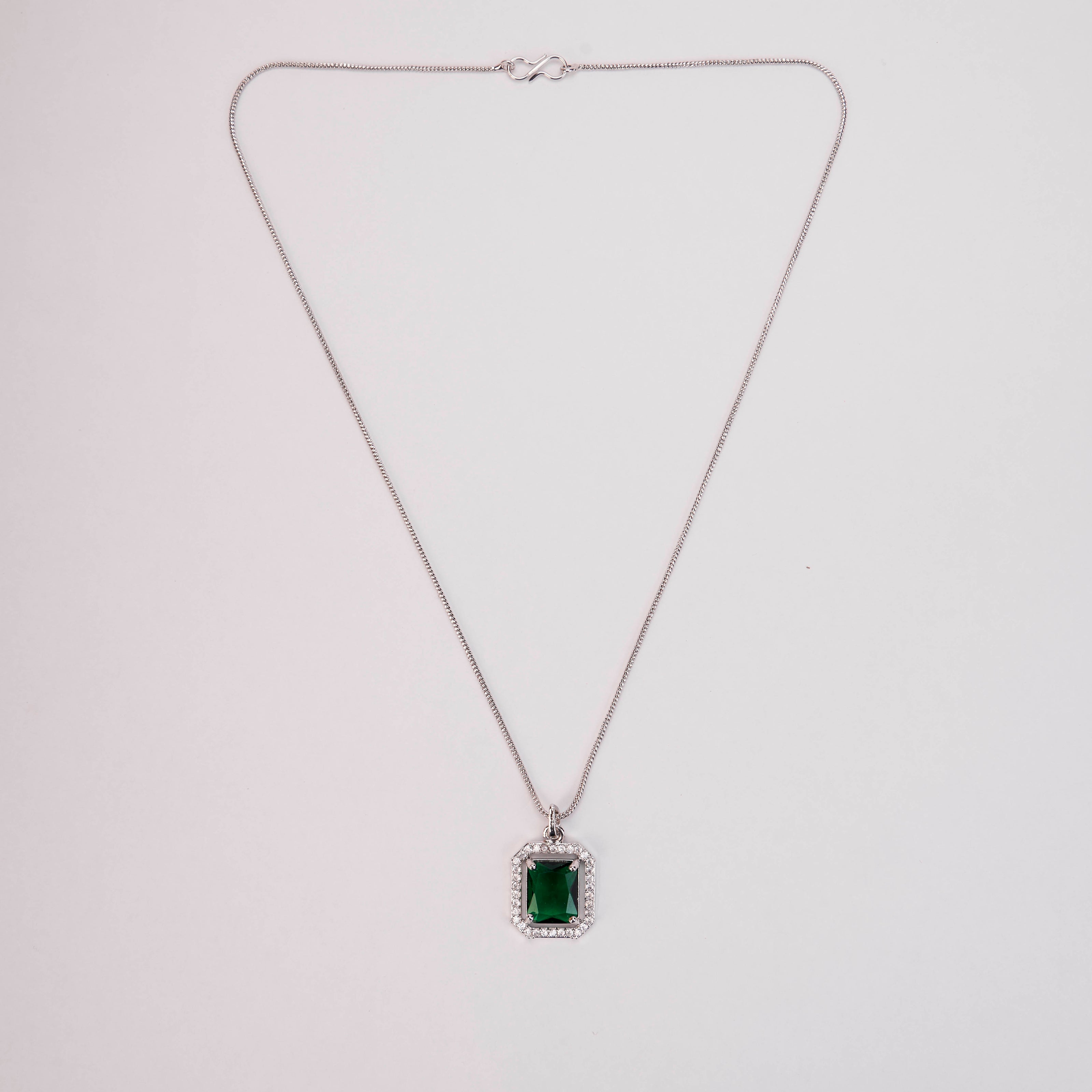 Rhodium Plated Octagon Stone Pendant with chain-Crystal Green