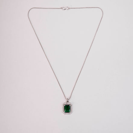 Rhodium Plated Octagon Stone Pendant with chain-Crystal Green
