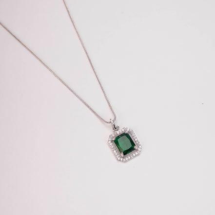 Rhodium Plated Octagon Stone Pendant with chain-Crystal Green