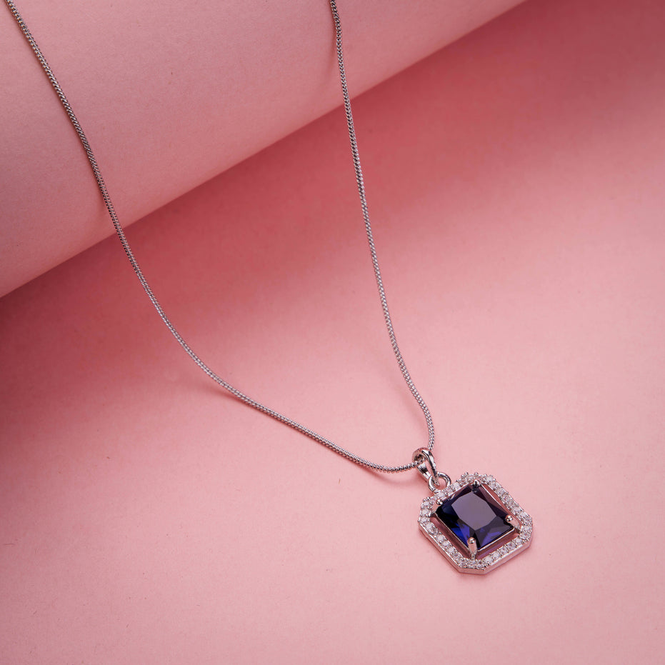 Rhodium Plated Octagon Stone Pendant with chain
