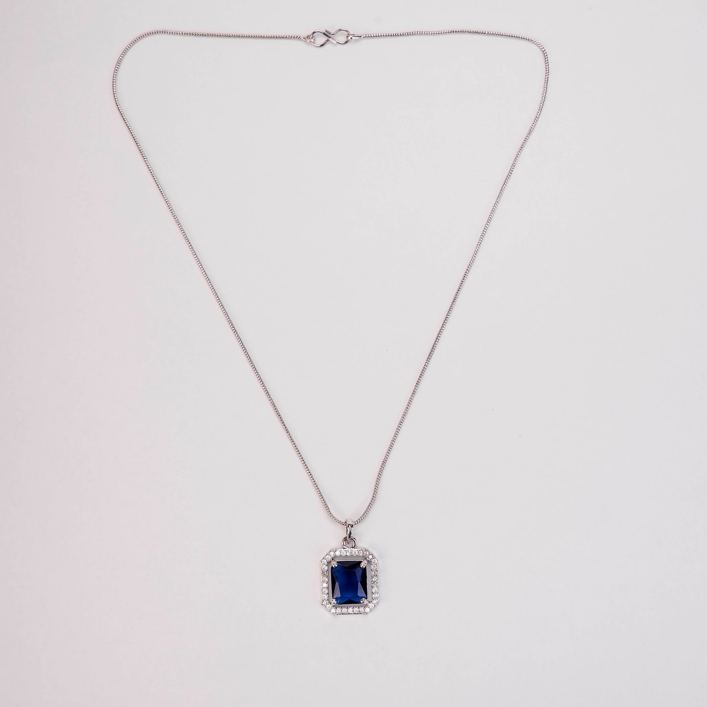 Rhodium Plated Octagon Stone Pendant with chain-Crystal Blue