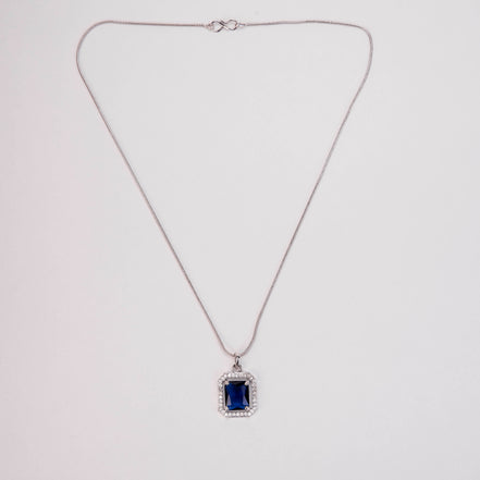 Rhodium Plated Octagon Stone Pendant with chain-Crystal Blue