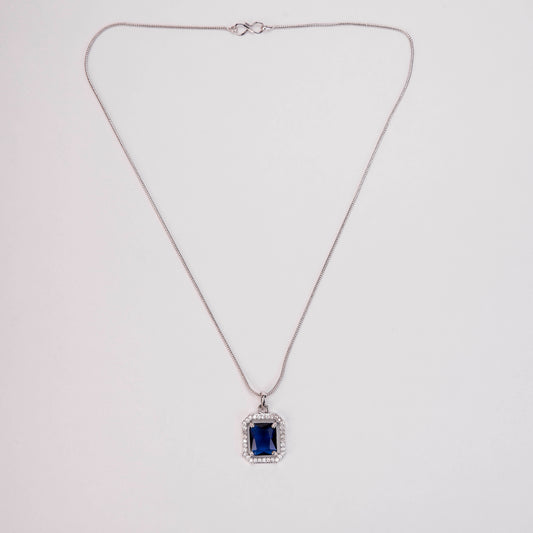 Rhodium Plated Octagon Stone Pendant with chain-Crystal Blue