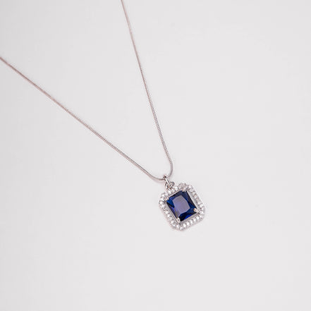 Rhodium Plated Octagon Stone Pendant with chain-Crystal Blue