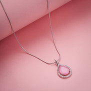 Oval Shape Rhodium Plated Pendant with chain-Mint Pink