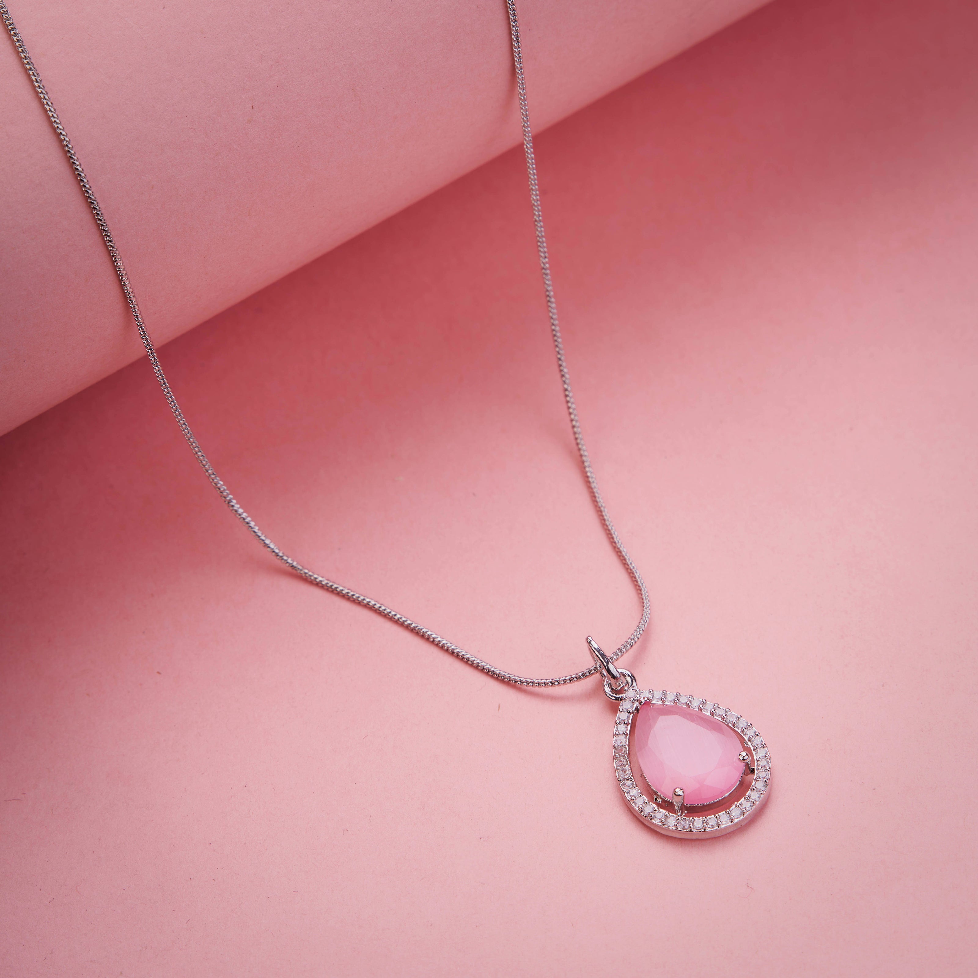 Oval Shape Rhodium Plated Pendant with chain-Mint Pink