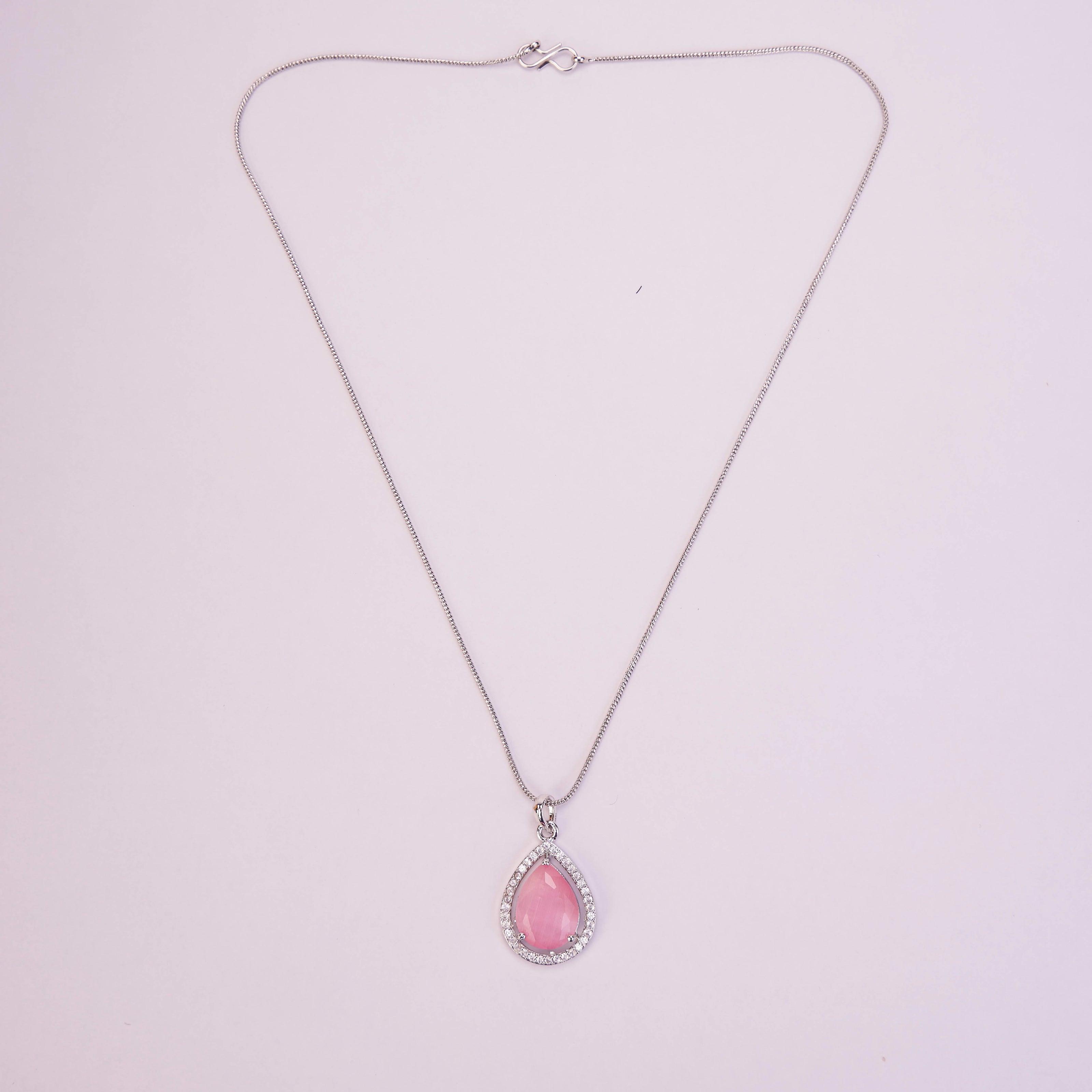 Oval Shape Rhodium Plated Pendant with chain-Mint Pink