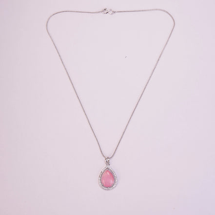 Oval Shape Rhodium Plated Pendant with chain-Mint Pink