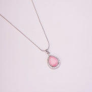 Oval Shape Rhodium Plated Pendant with chain-Mint Pink