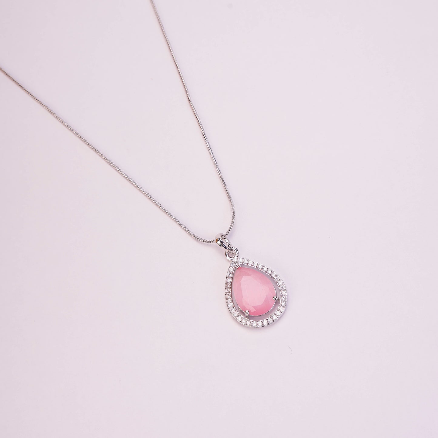 Oval Shape Rhodium Plated Pendant with chain-Mint Pink