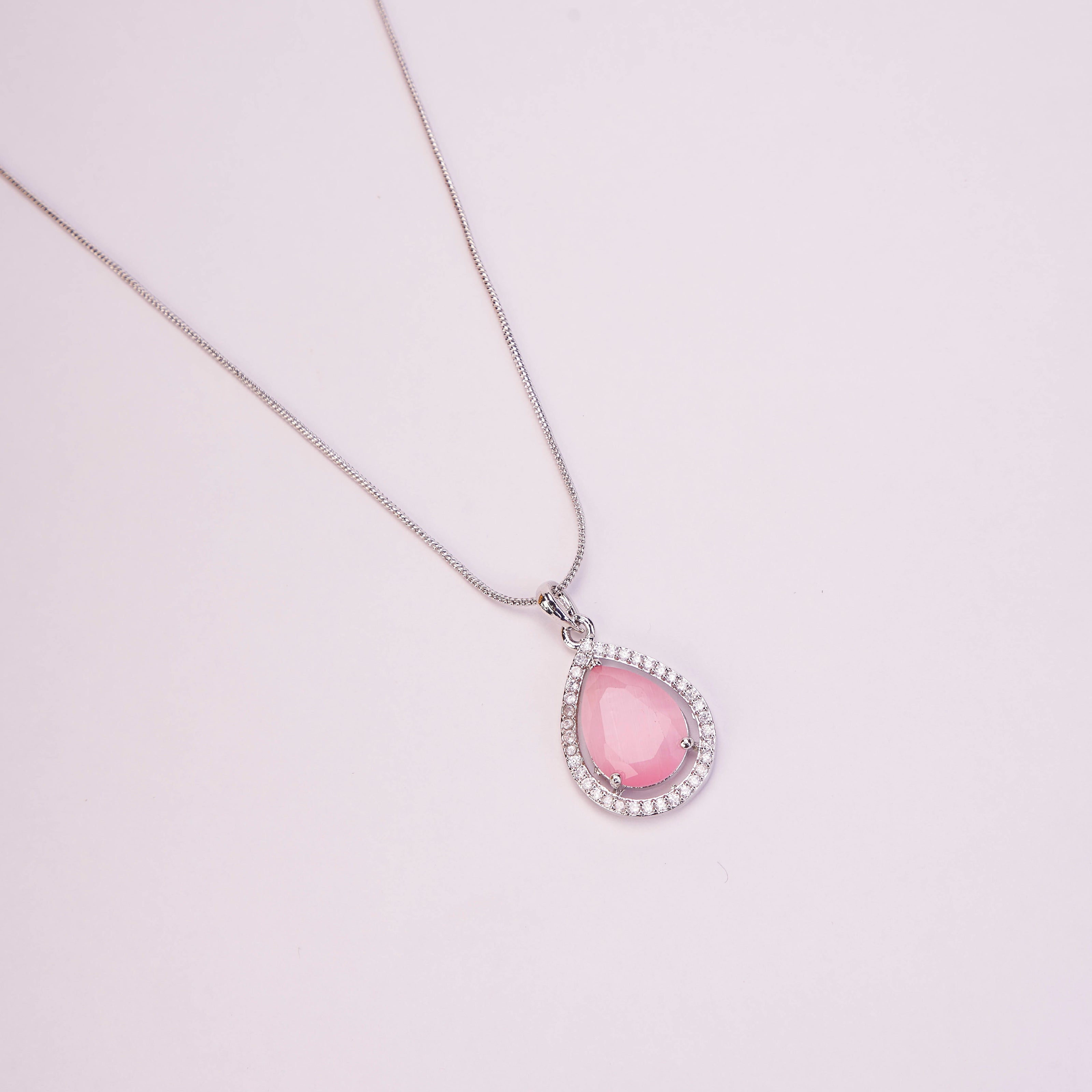 Oval Shape Rhodium Plated Pendant with chain-Mint Pink