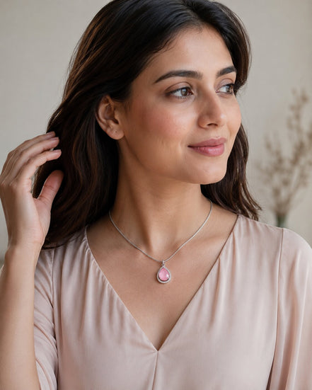 Oval Shape Rhodium Plated Pendant with chain-Mint Pink