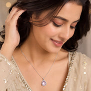 Oval Shape Rhodium Plated Pendant with chain-Mint Pink