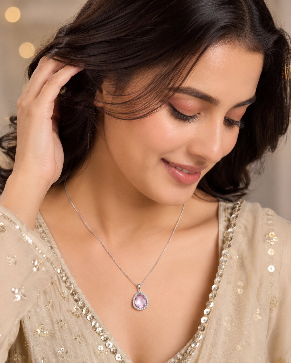 Oval Shape Rhodium Plated Pendant with chain-Mint Pink