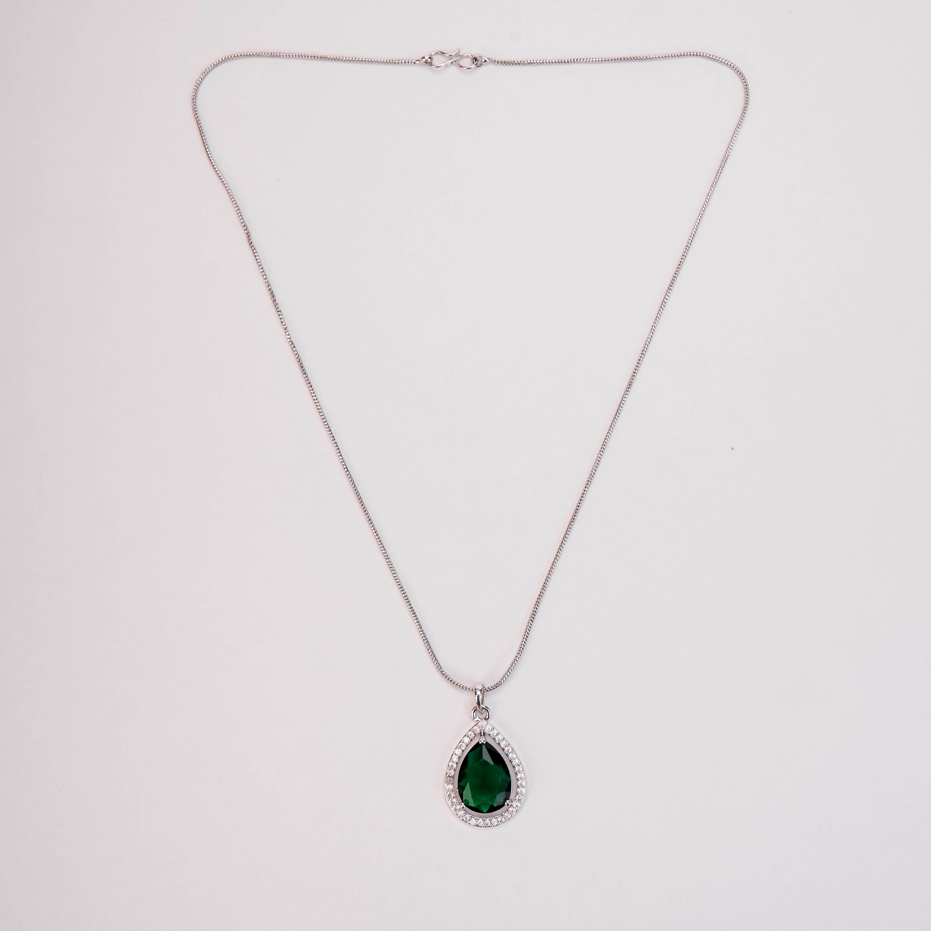 Oval Shape Rhodium Plated Pendant with chain-Crystal Green