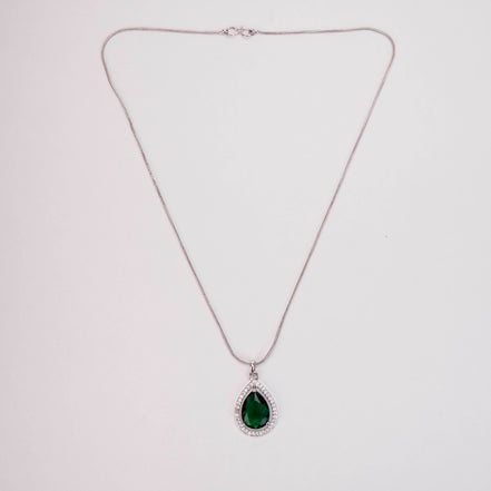 Oval Shape Rhodium Plated Pendant with chain-Crystal Green