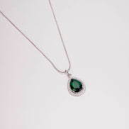 Oval Shape Rhodium Plated Pendant with chain-Crystal Green