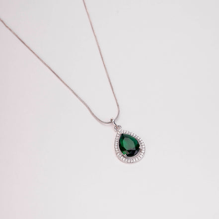 Oval Shape Rhodium Plated Pendant with chain-Crystal Green