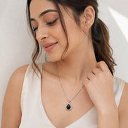 Oval Shape Rhodium Plated Pendant with chain-Crystal Green