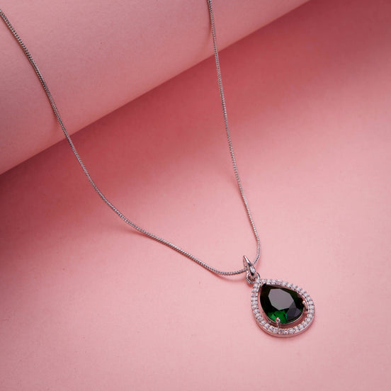 Oval Shape Rhodium Plated Pendant with chain-Crystal Green