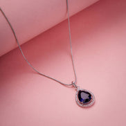Oval Shape Rhodium Plated Pendant with chain-Crystal Blue