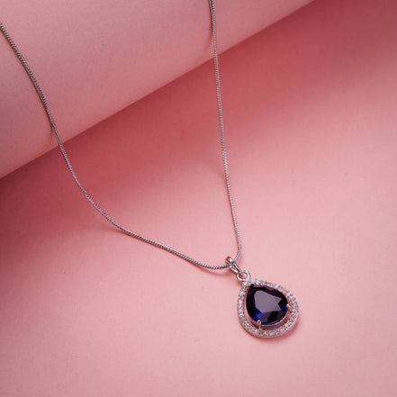 Oval Shape Rhodium Plated Pendant with chain-Crystal Blue