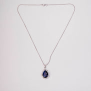 Oval Shape Rhodium Plated Pendant with chain-Crystal Blue