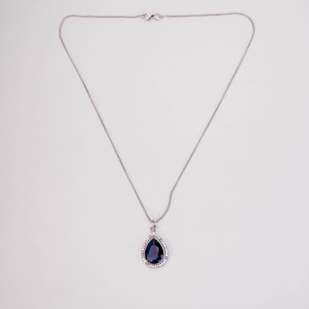 Oval Shape Rhodium Plated Pendant with chain-Crystal Blue