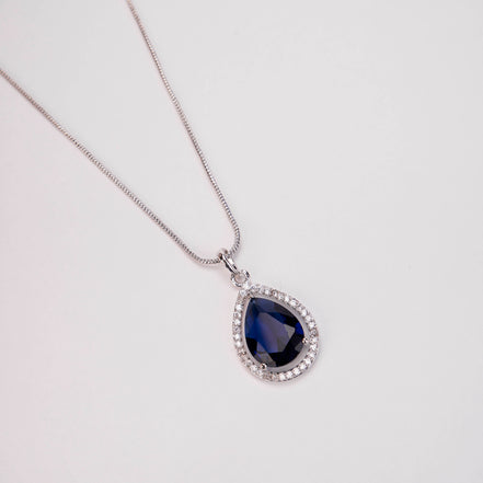 Oval Shape Rhodium Plated Pendant with chain-Crystal Blue