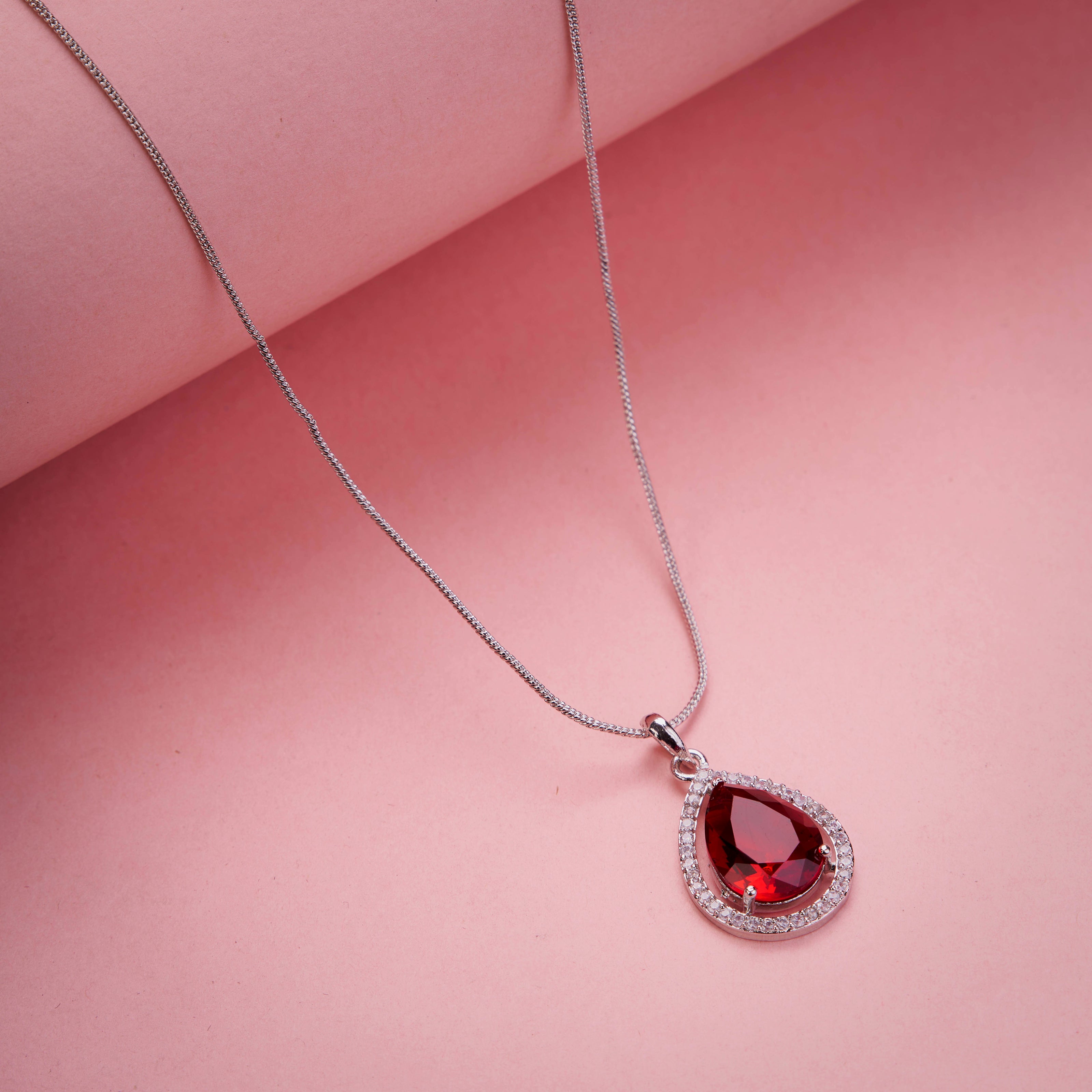 Oval Shape Rhodium Plated Pendant with chain-Crystal Red