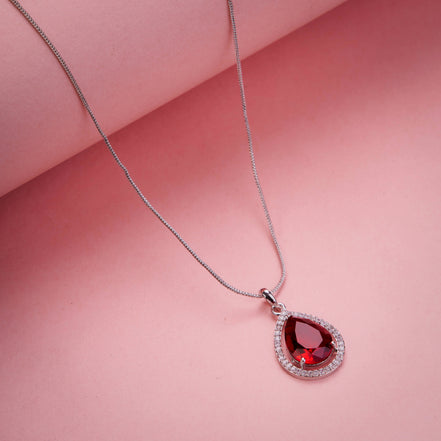 Oval Shape Rhodium Plated Pendant with chain-Crystal Red