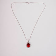 Oval Shape Rhodium Plated Pendant with chain-Crystal Red