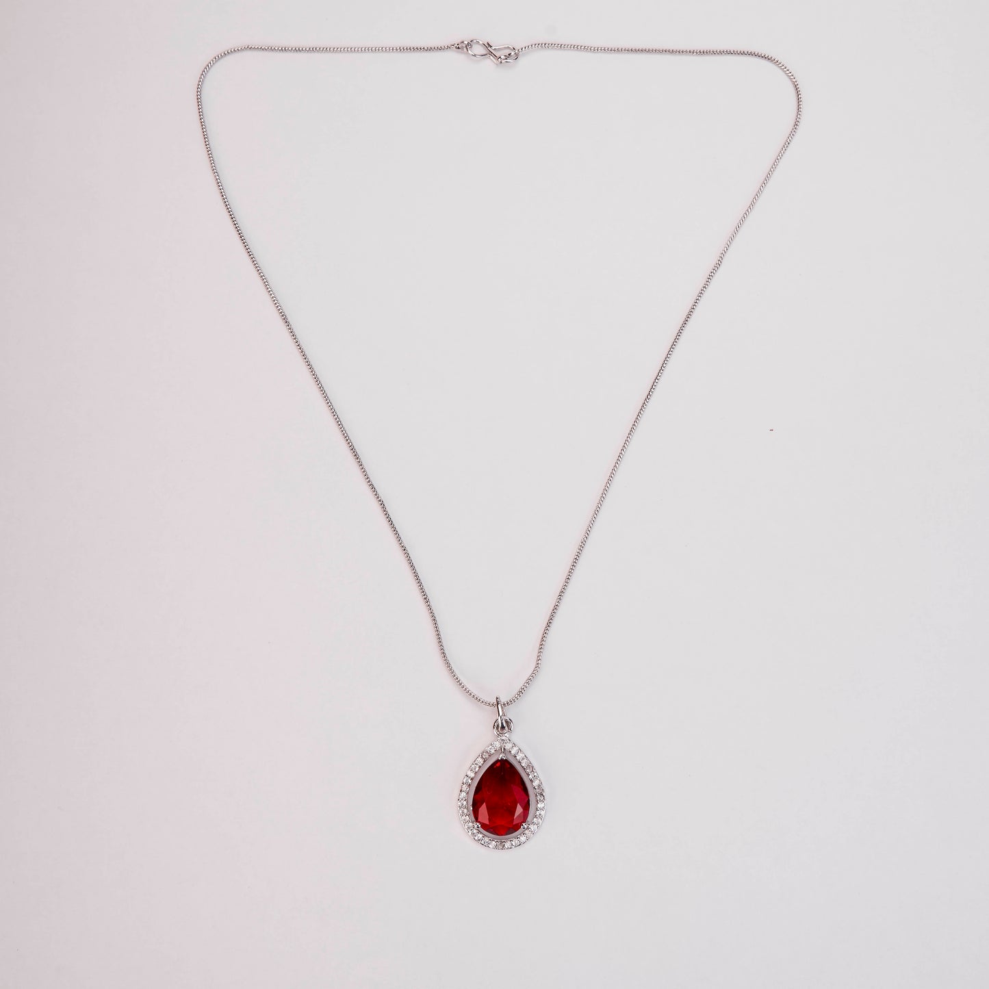 Oval Shape Rhodium Plated Pendant with chain-Crystal Red