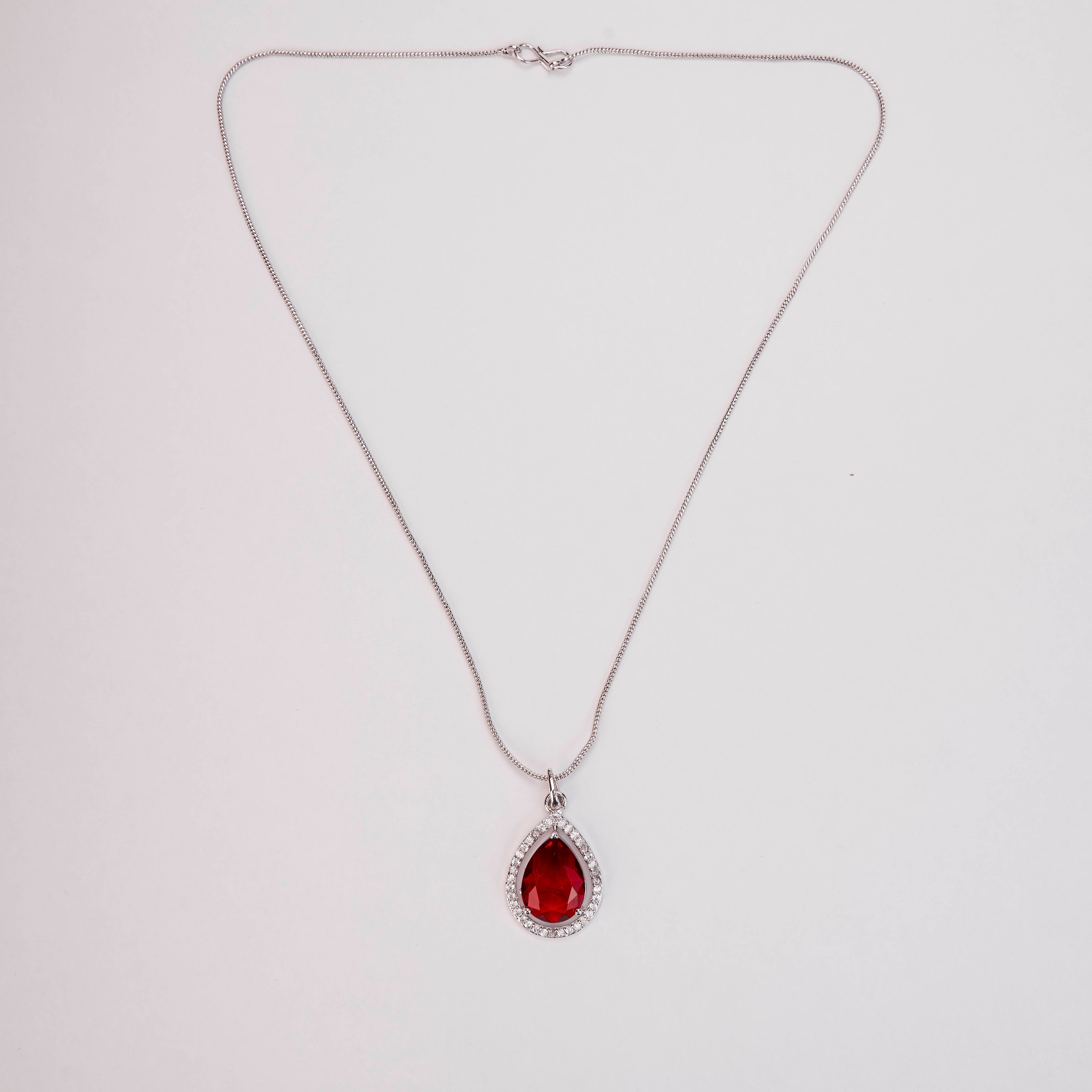 Oval Shape Rhodium Plated Pendant with chain-Crystal Red