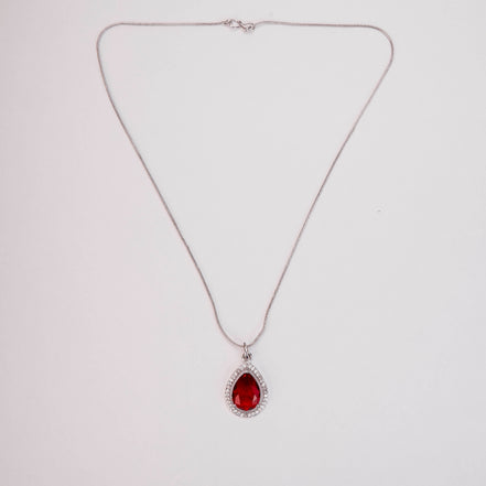 Oval Shape Rhodium Plated Pendant with chain-Crystal Red