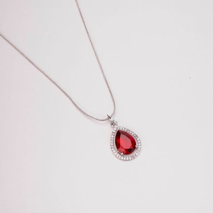 Oval Shape Rhodium Plated Pendant with chain-Crystal Red