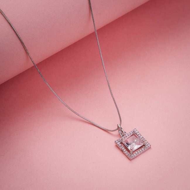 Square Halo Design Rhodium Plated Pendant with chain
