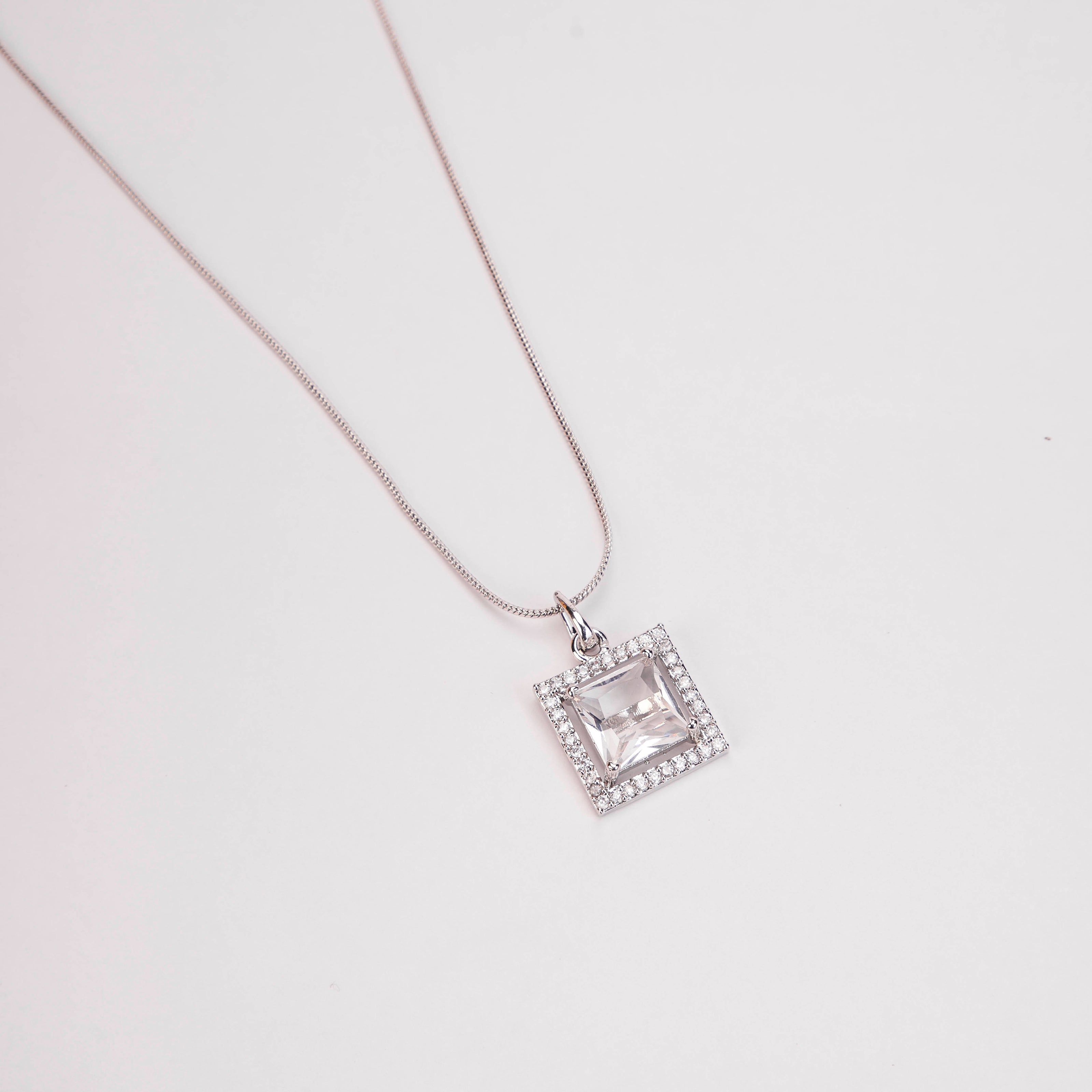 Square Halo Design Rhodium Plated Pendant with chain