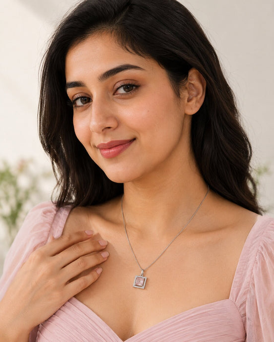 Square Halo Design Rhodium Plated Pendant with chain