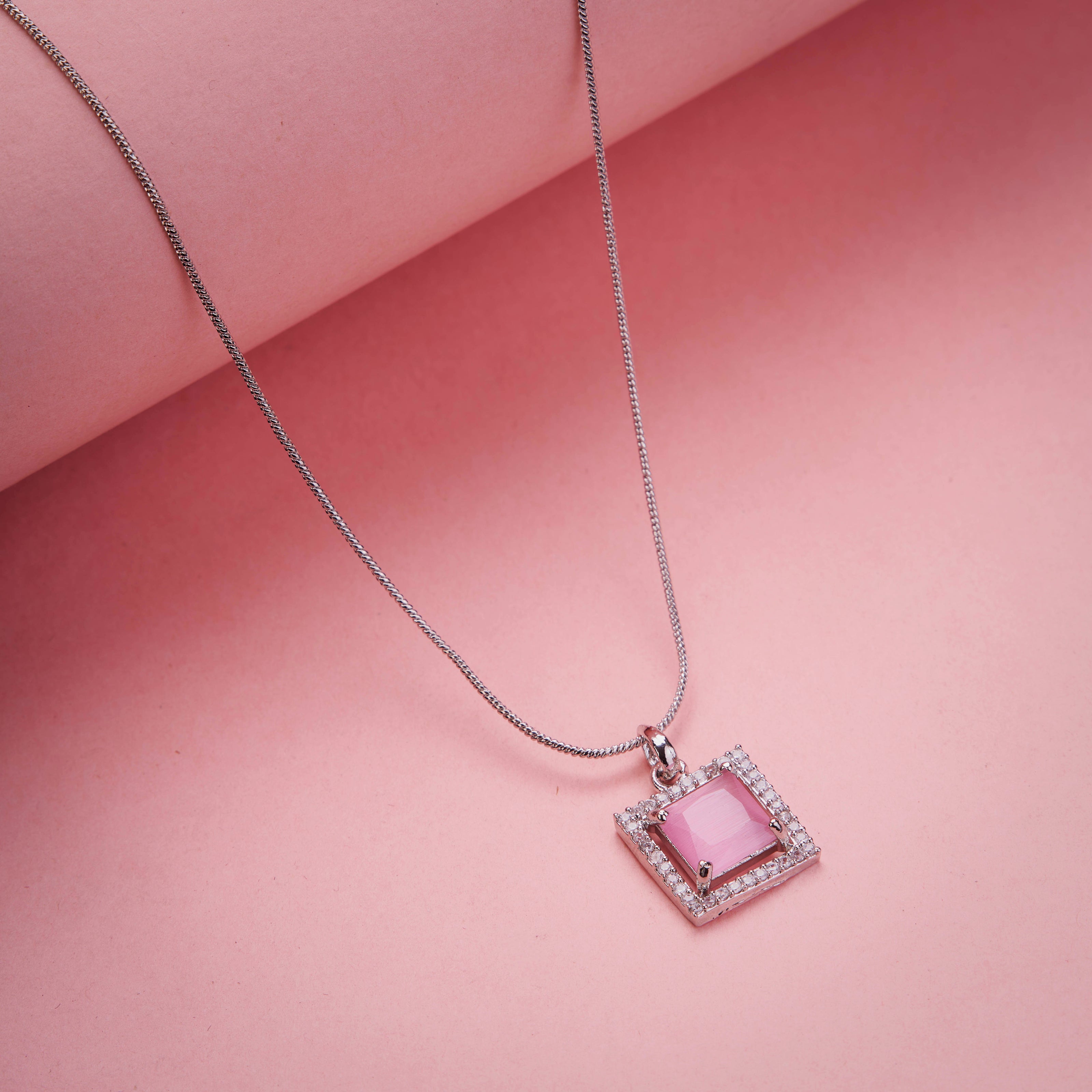 Square Halo Design Rhodium Plated Pendant with chain-Mint Pink