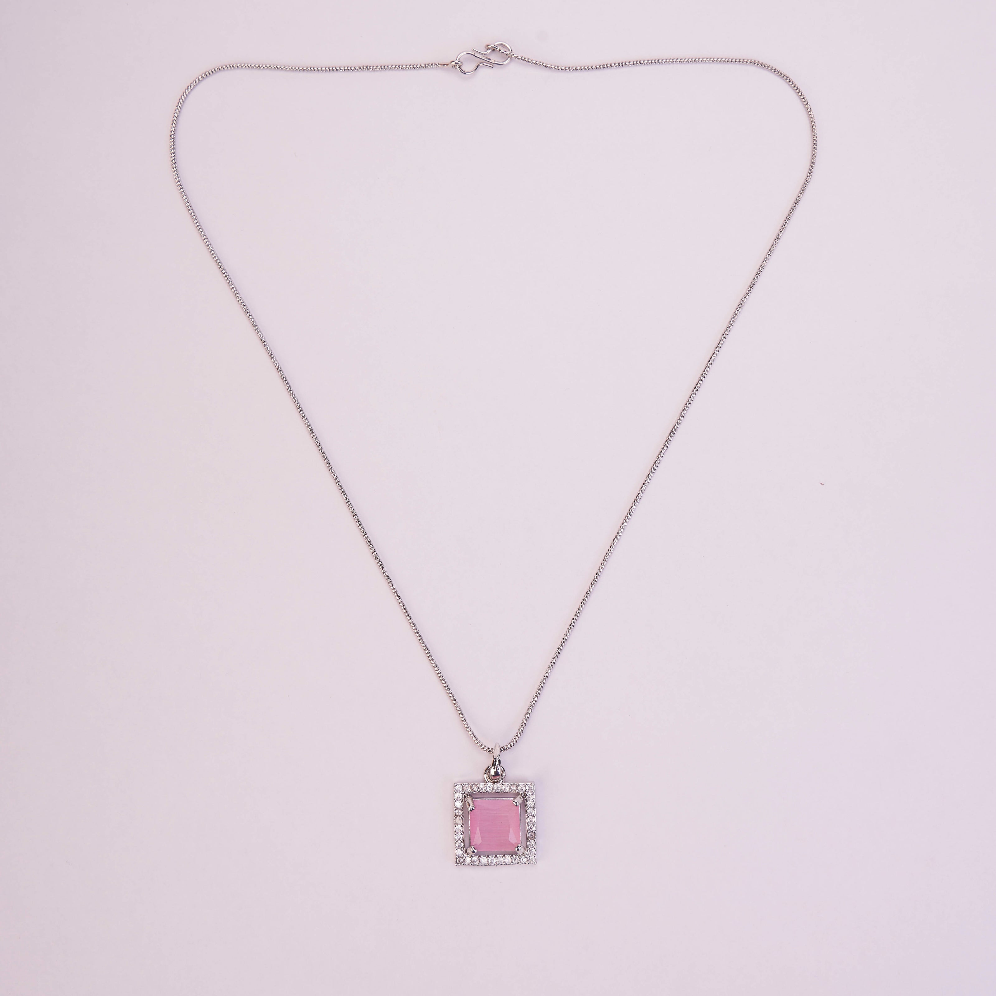 Square Halo Design Rhodium Plated Pendant with chain-Mint Pink