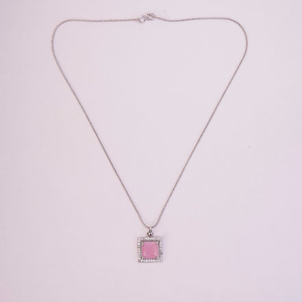 Square Halo Design Rhodium Plated Pendant with chain-Mint Pink